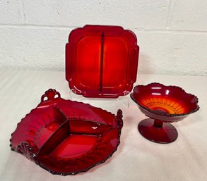 3pc Vintage Ruby Red Glass Serving Piece Lot - Footed Bowl, Sectioned Dishes