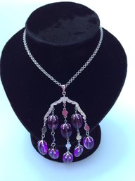 SARAH COVENTRY NECKLACE: Vintage Silver Tone, Purple Plastic Dangling Stones, Designer Jewelry