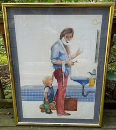 1980s Mixed Media Painting Of Man And Son, Signed Illegibly