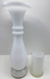 2 Vintage Polish Hand Blown White Glass Vases, 1 Extra Large
