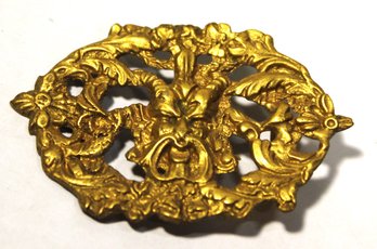 Victorian Repousse Brooch Of Northwind Blower Gilt Brass (missing Pin Backing)