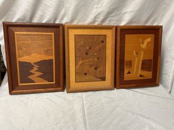 A Lot Of 3- Vintage Inlaid Wooden Pictures
