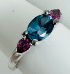 STERLING SILVER PETITE BLUE AND PINK STONE RING