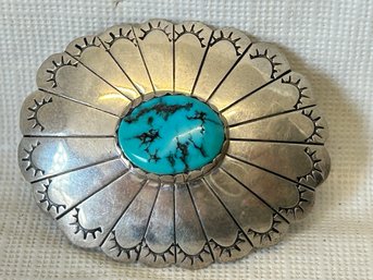 Fine Vintage NAVAJO Sterling Silver Concho Brooch With Large Natural Turquoise