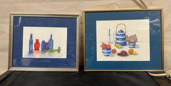2 Beautiful Watercolor Paintings Of Bottles, Fruits, Candle Stick, Flower Vase & Tea Pot- Signed  JoCo- WA-B