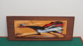 Signed By Artist Roadrunner Painted On Metal Plate Wooden Backing