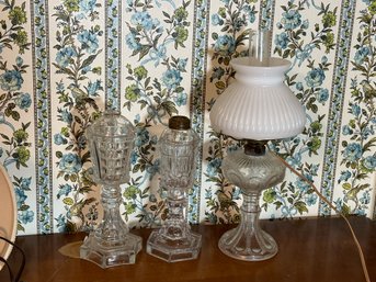 TWO SANDWICH GLASS OIL LAMPS AND ANOTHER LAMP