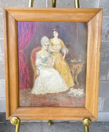 Signed Oil On Canvas Of Victorian Women And Their Cats In Simple Wood Frame
