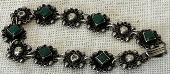 Signed Vintage Mexican Sterling Silver Panel Bracelet With Green Jade Inlay