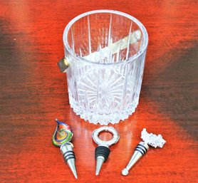 Mid Century Crystal Ice Bucket And Three Decorative Wine Stoppers