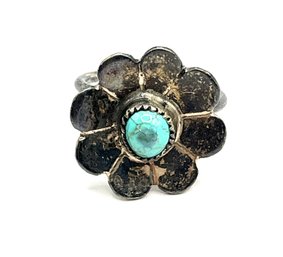 Vintage Native American Sterling Silver Turquoise Color Flower Ring, Size 6.25