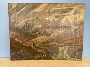 Craft Painting On Wood Panel Of Farm Landscape