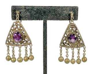 Fine Fancy Sterling Silver Screw Back Earrings Having Genuine Amethyst Stones