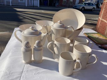 Large Lot Of Vintage Unpatterned Mochaware China- Bowls, Tea Pots, Mugs And More