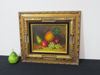 Framed Still Life Of Fruits On Board In Decorative Gilt Frame, Signed