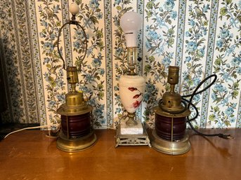 TWO ANTIQUE SHIP STYLE LAMPS AND A LAMP W/ ALABASTER BASE