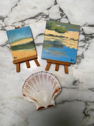 2 Small Painting On Board Signed And A Seashell