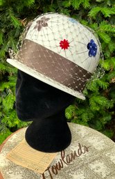 VTG Cream Colored Wool Hat With Netting & Applied Velvet Flowers Gross Grain Ribbon ( READ Description)