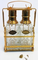 Vintage MCM Scotch And Bourbon Brass & Glass Pump Decanter Set With Walsco Brass Lock & Two Keys