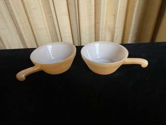 2 Vintage Fire King Ovenware Peach Luster Beehive Handled Bowls