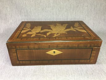 Beautiful Wooden Antique French Document Box With Inlays With Key - Lock Works Fine - Very Pretty Box !