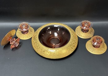 Vintage Tiffin Glass: Minton Pink & Gold Bowl, Candleholders