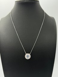 Delicate Sterling Silver CZ & Blue Stone Cross Pendant Necklace
