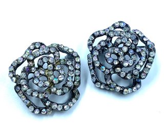 Pair Of Figural Rose Bloom Rhinestone Accented Brooches