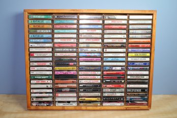 Wood Case Holding 100 Cassette Tapes - Lot Six