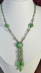 VINTAGE ART DECO GREEN CZECH GLASS DANGLE NECKLACE