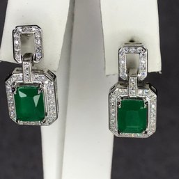 Very Pretty Brand New Sterling Silver / 925 Earrings With Colombian Emerald Earrings - Very Pretty Pair - NEW