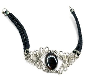 Black Corded Ornate Smooth Speckled Stone Bracelet