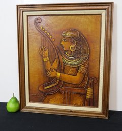 Mid-Century Framed Raised Fresco On Canvas Of Figure Playing Harp In Egyptian Attire - Signed