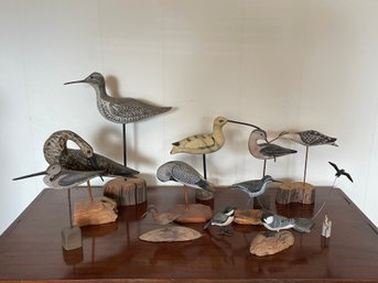 Lot Of 13 Shorebird Sculptures Some Carved And Signed Wooden Bird Collection