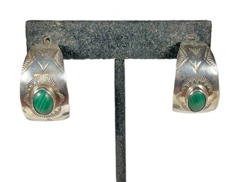 Fine Pair Sterling Silver Malachite Pierced Half Hoop Earrings