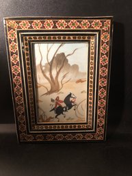 Vintage Persian Khatam Frame With Hunting Scene