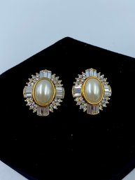 Sensational Faux Pearl & CZ Goldtone Clip Earrings