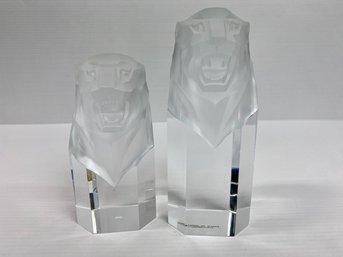 Hoya Japan Crystal Frosted Lion's Head Paperweights (2)