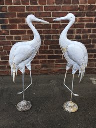 Two Vintage Metal Garden Cranes - Old White And Rusty Paint - Very Nice Pair - Lovely Vintage Garden Decor