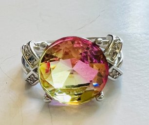 PRETTY STERLING SILVER PINK/YELLOW CZ RING