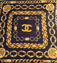 LARGE Authentic Chanel 31 Rue Cambon 100 Blue Silk GOLD CHAIN Scarf