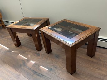 Pair Of Broyhill , Wood And Smoked Glass Top Side Tables.