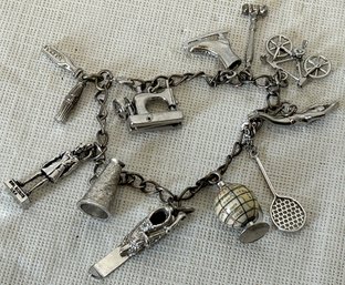 Vintage Sterling Silver Charm Bracelet- Many Articulated And Unusual Charms