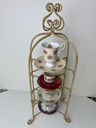 Four Porcelain Demitasse Cups & Saucers With Stand