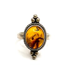 Vintage Sterling Silver Amber Color Ornate Cuff Ring, Size 3.5