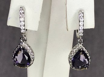 Gorgeous Brand New - Sterling Silver / 925 Drop Earrings With Amethyst And Channel Set Sparkling White Zircons