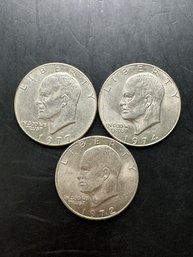 3 Eisenhower Dollars 1972, 1974-D, 1977-D