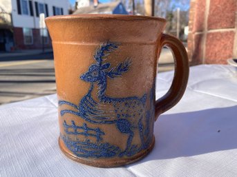 Large Signed CROCKER AND SPRINGER Salt Glazed Redware Mug With Blue Slip Painted Design