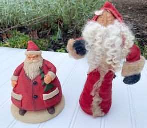 A Unique Wax Santa Paired With A Handmade Primitive Santa With Walnut Head