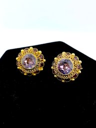 Vintage Signed Sandor Button Earrings W/ Amethyst Colored Stones